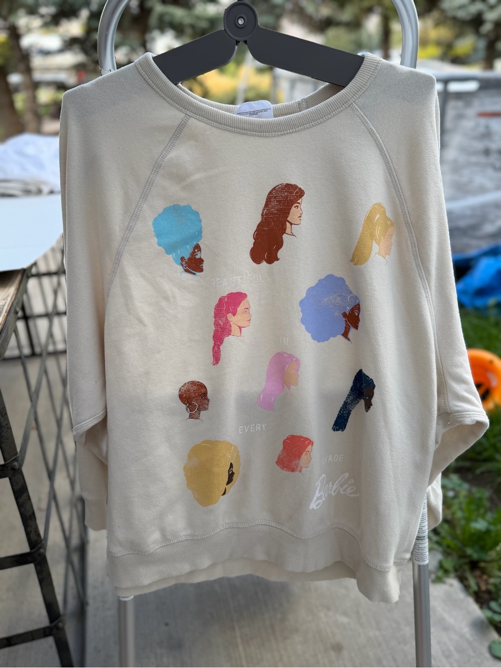 Barbie Cream Graphic Sweatshirt with Multicolor Portraits